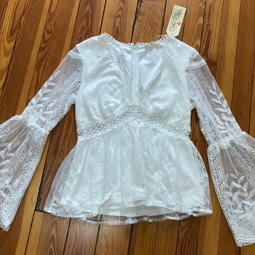 Chic White Lace Blouse with Bell Sleeves